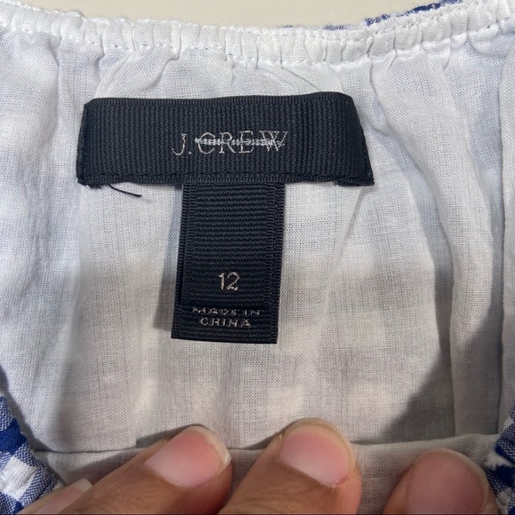 J Crew Blue White Gingham Plaid Ruffle Eyelet Tie Shoulder Top Blouse Size 12 - Picture 4 of 10